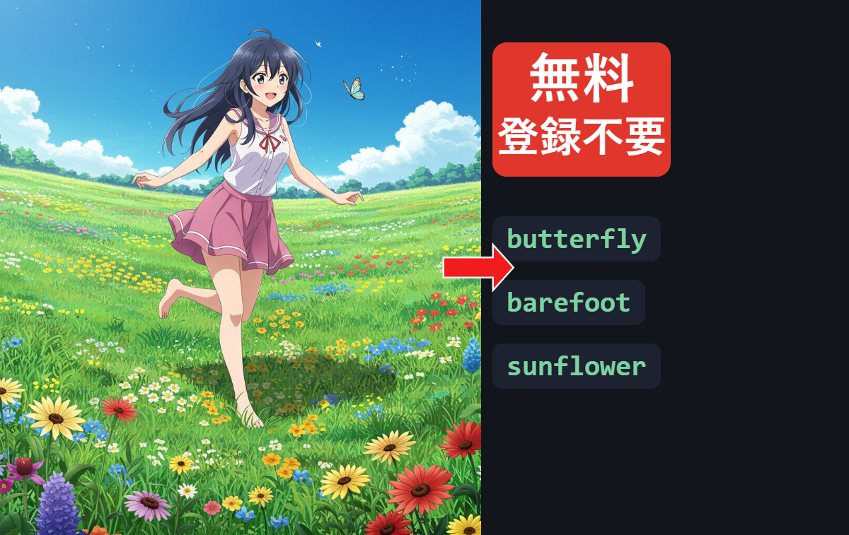 元のAIイラストと、そこから抽出されたタグ（butterfly、barefoot、sunflower）を並べた図